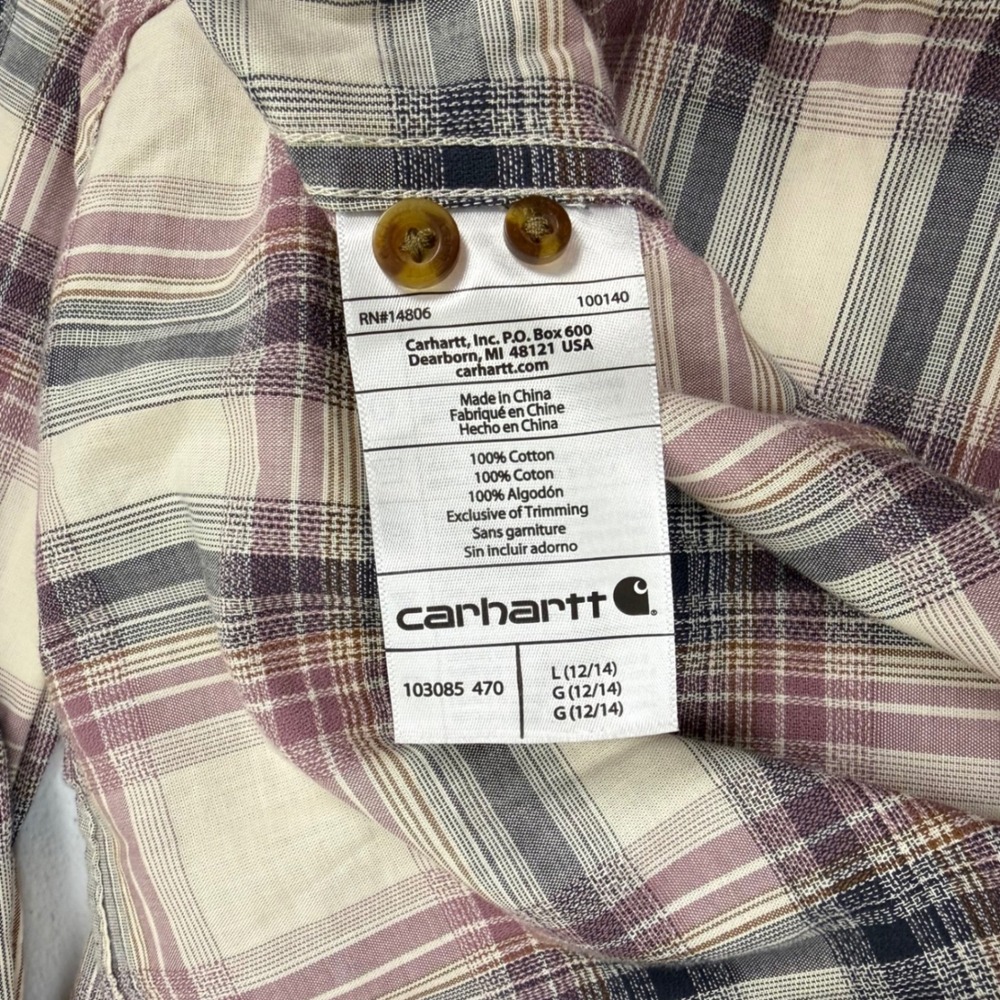 Carhartt Youth L (12-14) Plaid Button Up Shirt Long Sleeve Purple Cream 103085 - Picture 6 of 8